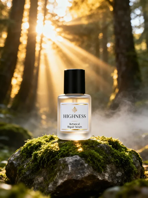 Input: a perfume bottle on a mossy rock