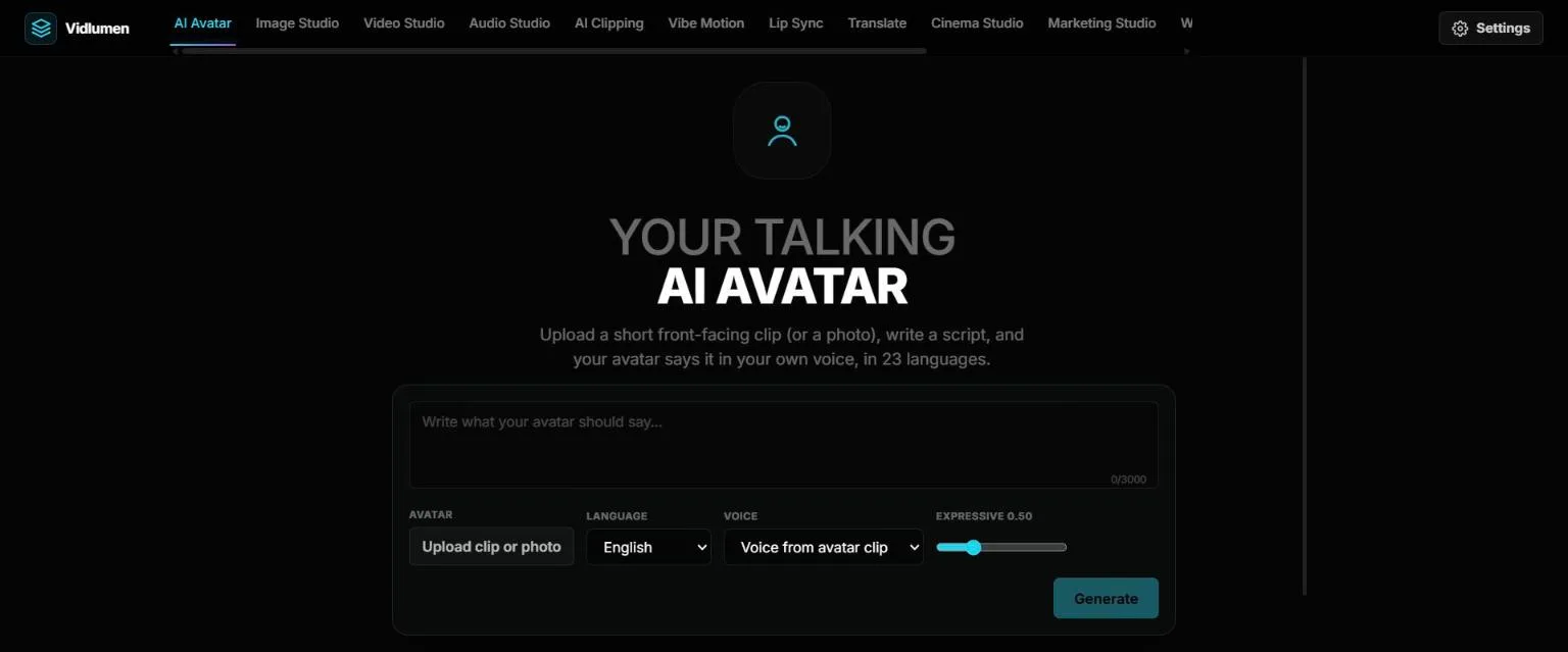 AI Avatar studio: script box, avatar upload, language and voice