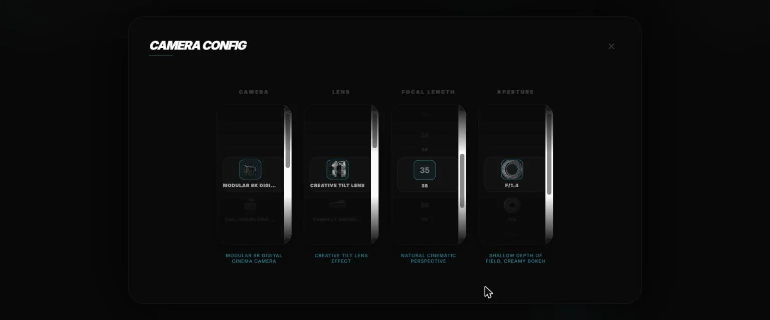 Cinema Studio camera configuration with camera, lens, focal length and aperture
