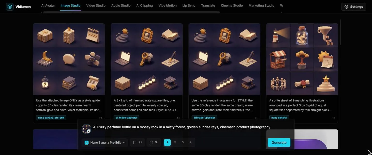 Vidlumen Image Studio with a gallery of generated images and the prompt bar