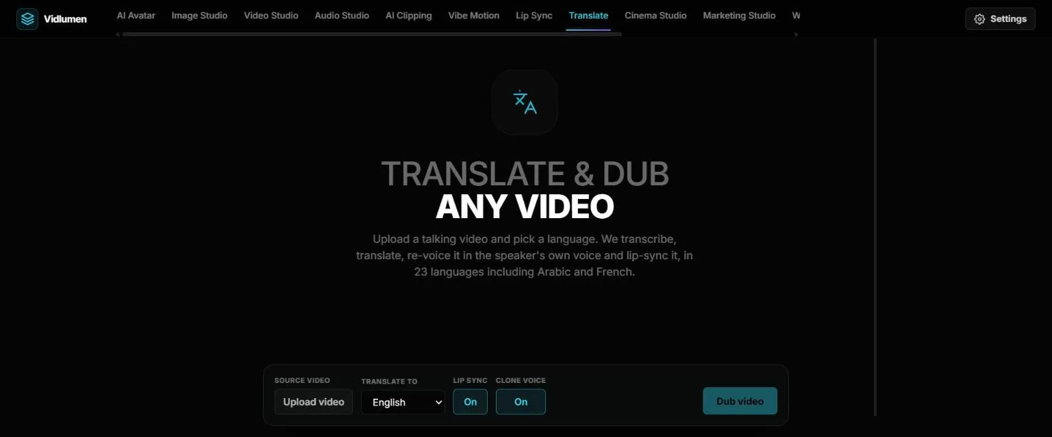 Translate and dub studio with lip sync and clone voice switched on