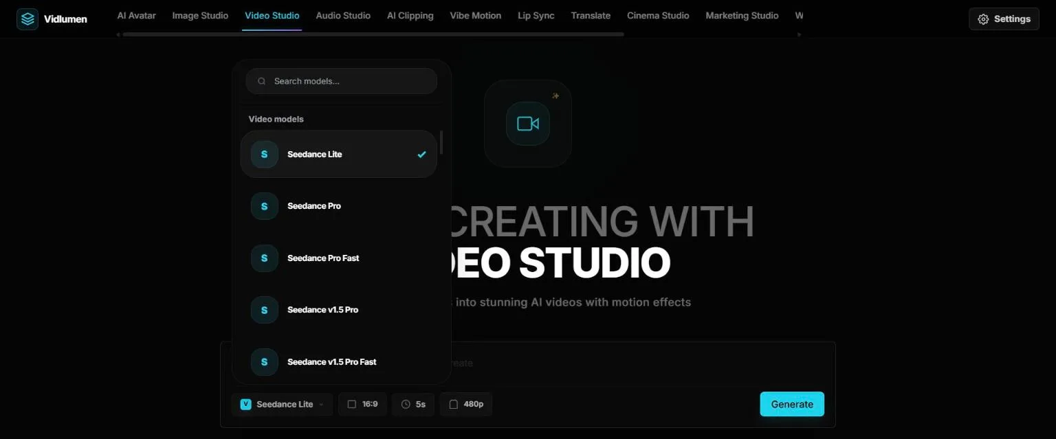Video Studio model picker listing Seedance models