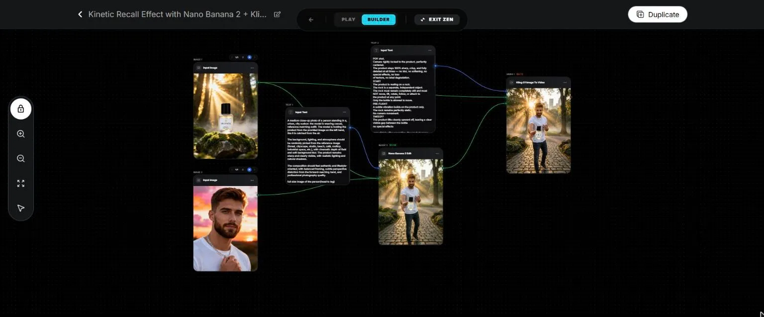 The Kinetic Recall workflow in Vidlumen's visual builder: input images, prompt nodes, Nano Banana 2 edit and Kling o1 image-to-video